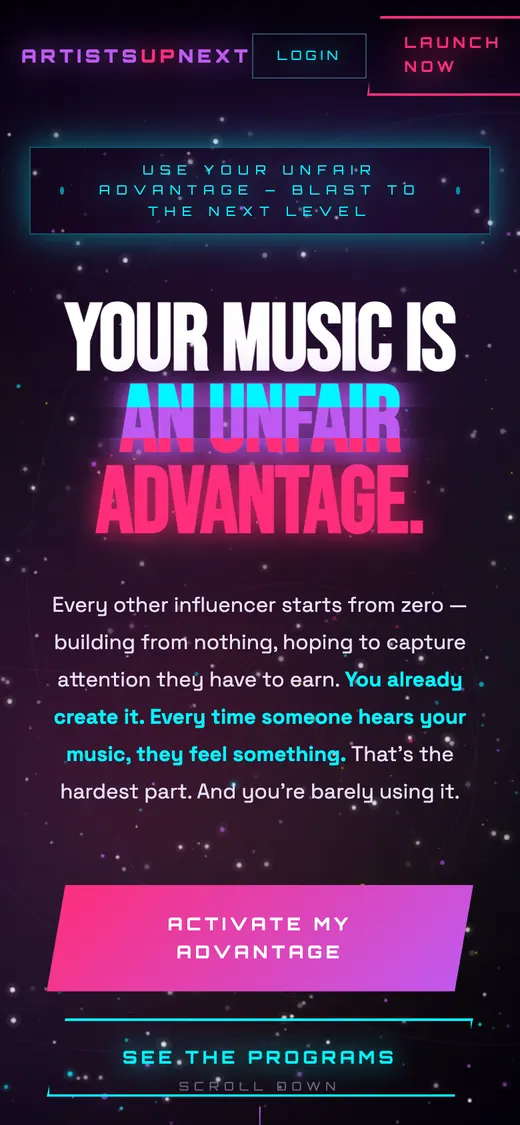 Artists Up Next website on a phone