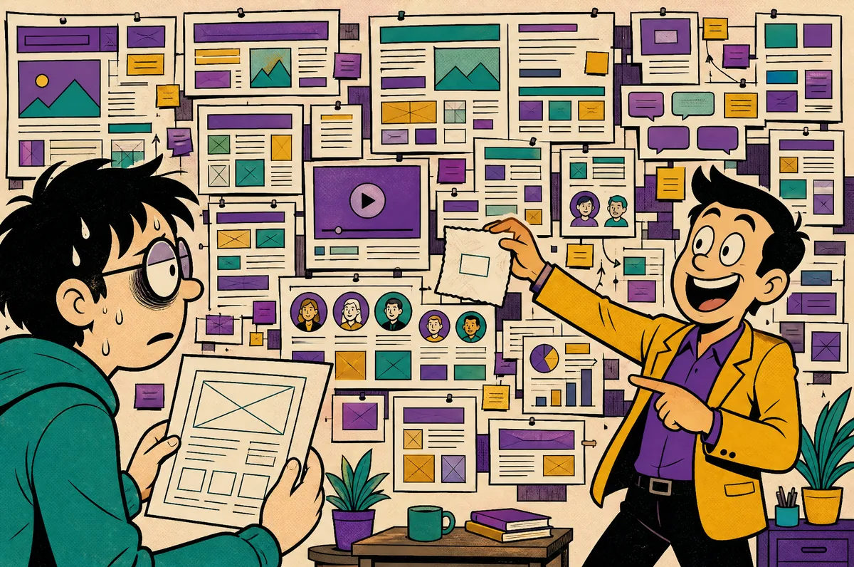 The client holds a napkin with one tiny box on it while pointing at a wall crammed with every website section ever made.