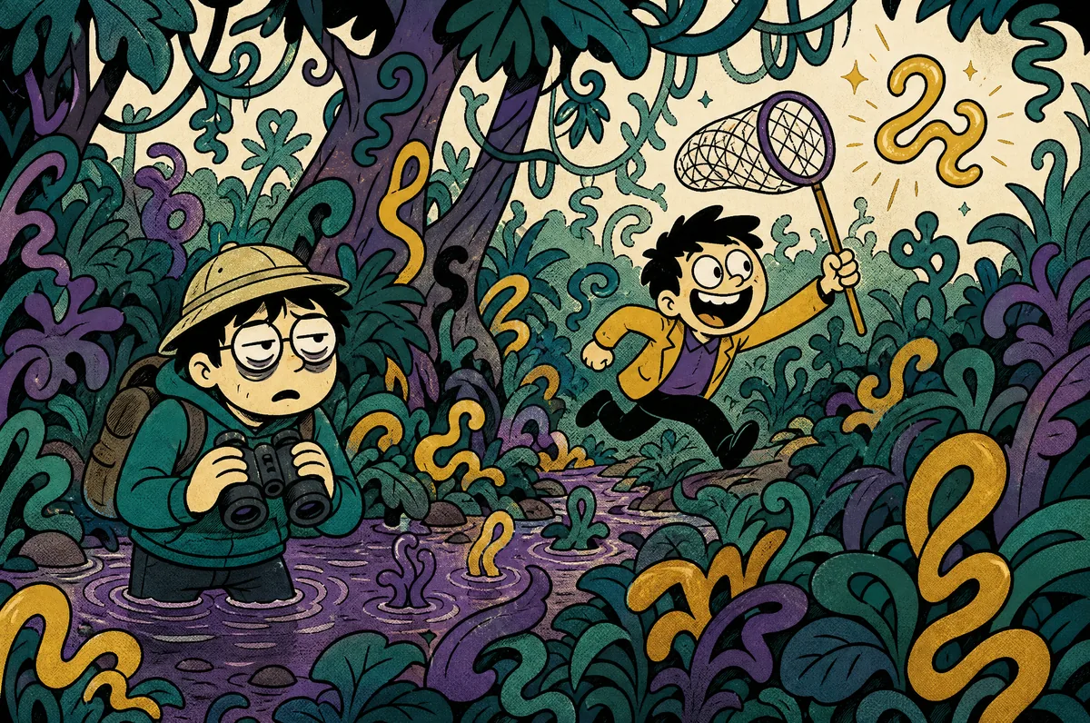 The designer wades through a jungle of squiggly font samples while the client chases one with a butterfly net.