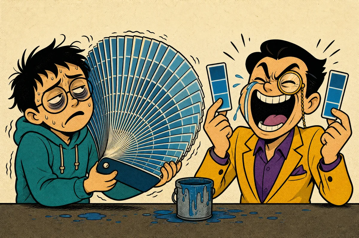 The designer holds a hundred nearly identical blue swatches. The client sobs at one and laughs at another.
