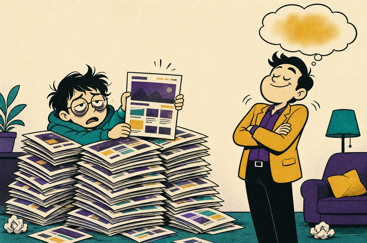 The designer is buried in fourteen printed layouts. The client shrugs with his eyes closed.