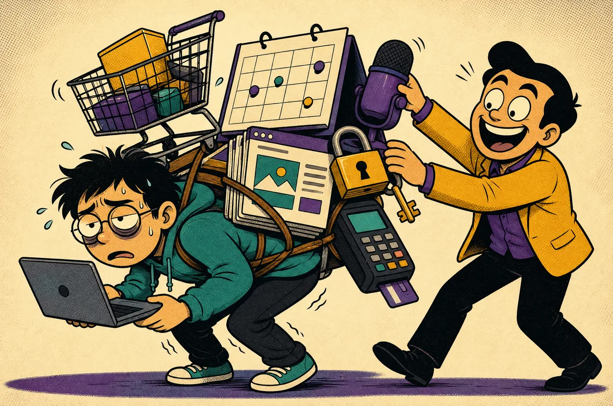 The client stacks a shopping cart, a calendar, a microphone and a padlock onto the designer's back.