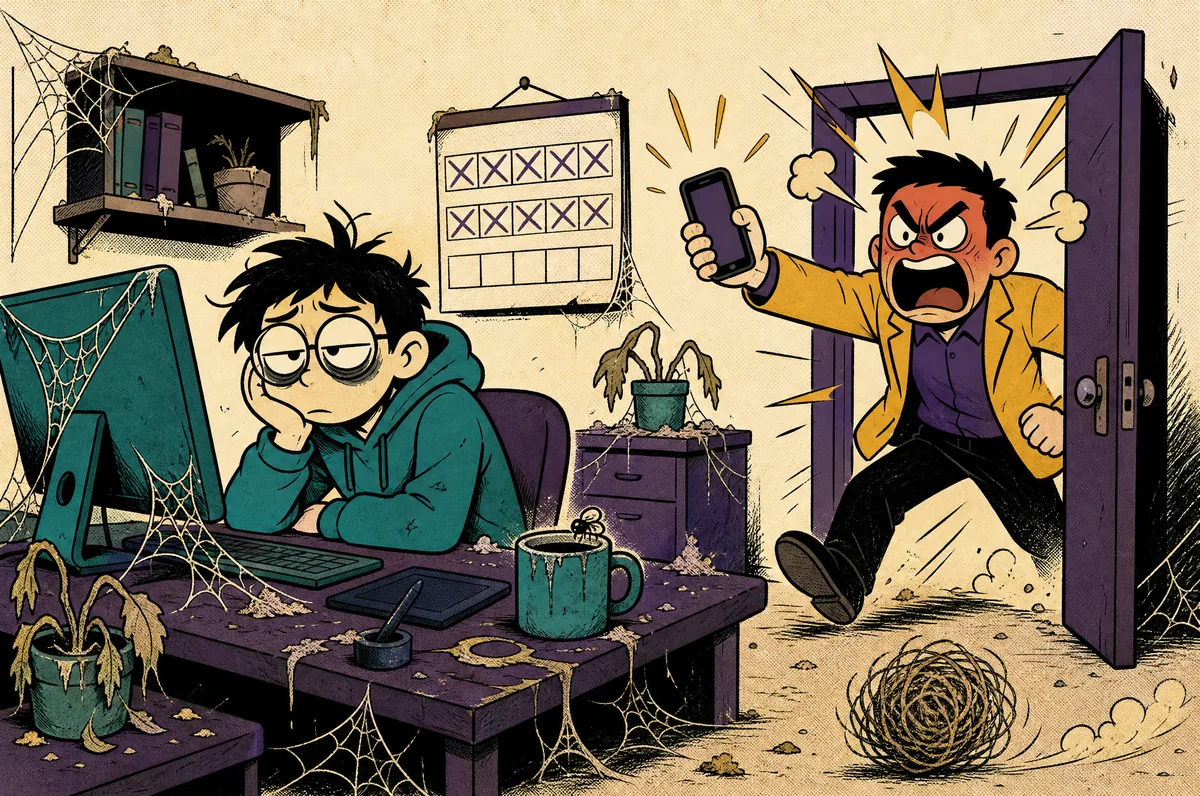 The designer waits at a cobwebbed desk with a tumbleweed, then the client storms in furious about the launch.