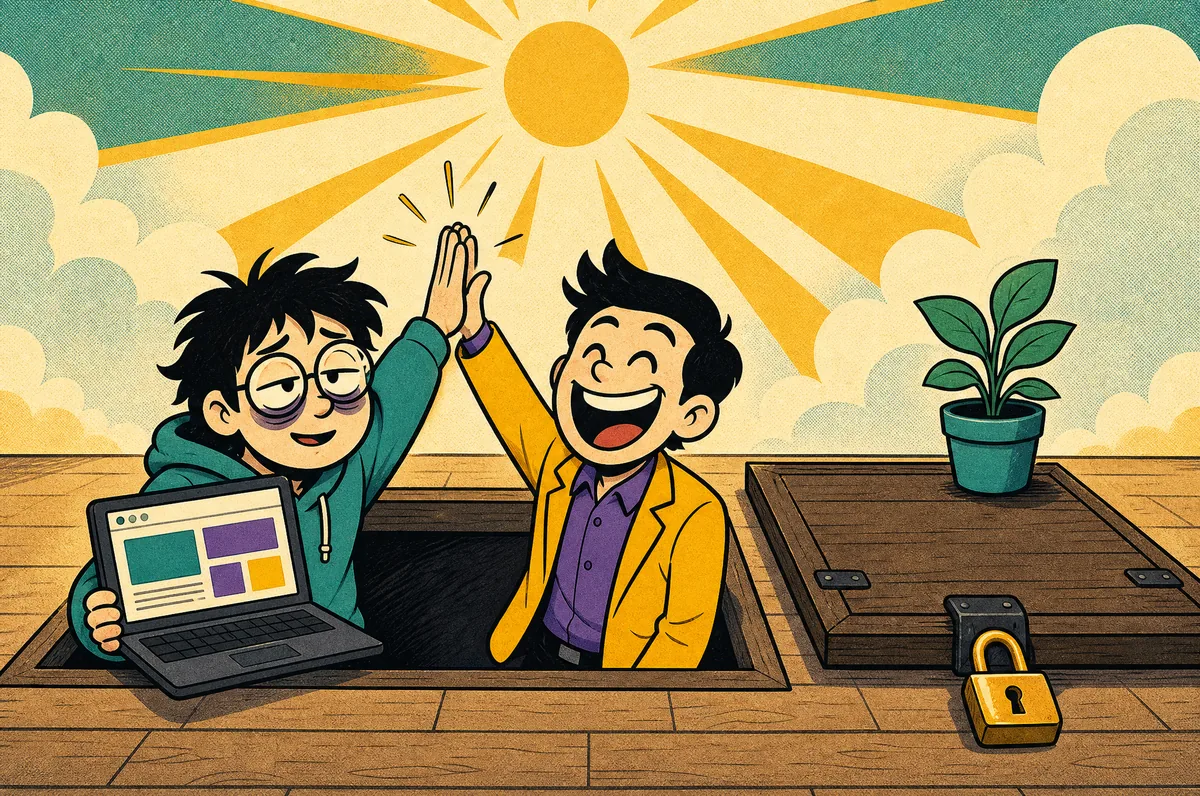 The designer and client climb out of the trapdoor into sunlight, high-fiving over a finished website. The trapdoor is padlocked shut.