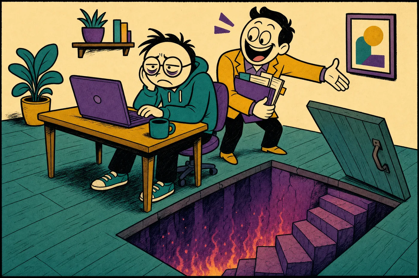 A tired web designer at a laptop while the client cheerfully waves him toward a trapdoor with stairs spiraling down into flames.